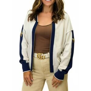 NEW LABEL+THREAD addie racer sweater jacket in stone/navy